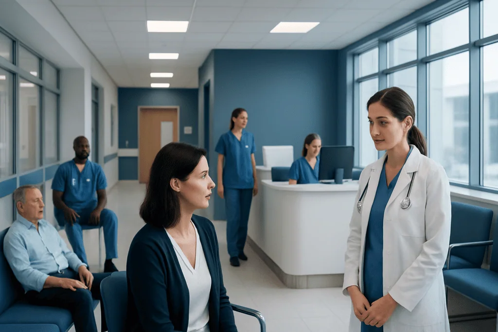 ERA Test Before Embryo Transfer: Evidence, Candidates, and Limits 1 Medical team discussing patient care in a modern hospital waiting area.