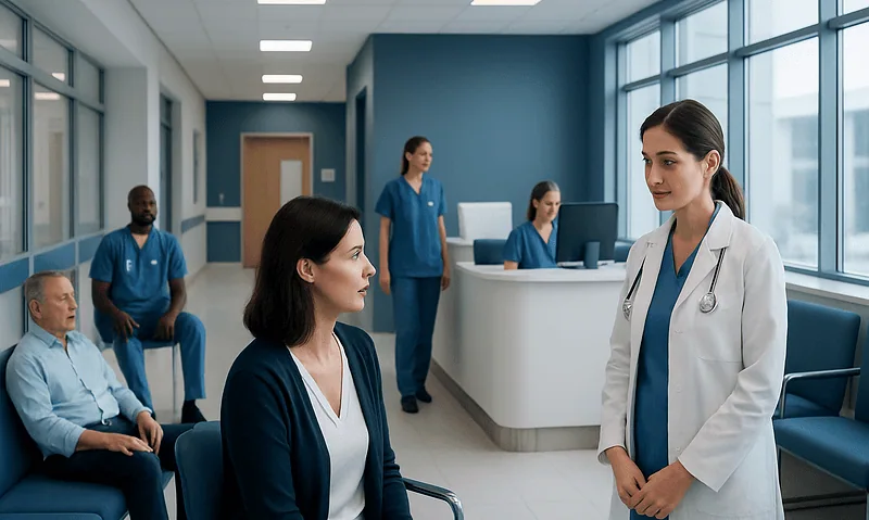 Medical team discussing patient care in a modern hospital waiting area.