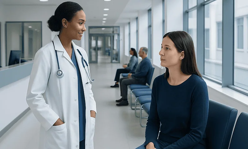 Doctor consulting a patient in a modern hospital corridor.