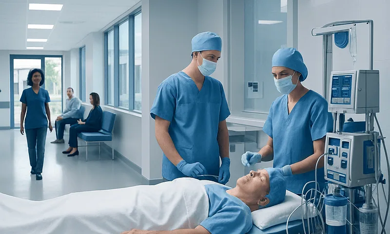 Medical team preparing patient for surgery in hospital corridor.