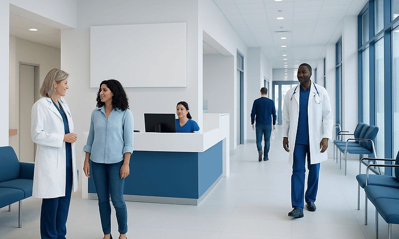Human Brain Basics: What It Is and How It Works 11 Healthcare professionals and patients in a modern hospital corridor.