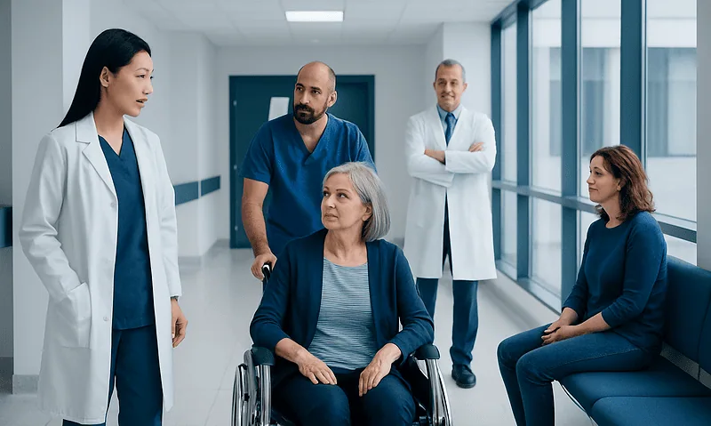 Medical team consulting with elderly patient in hospital corridor.