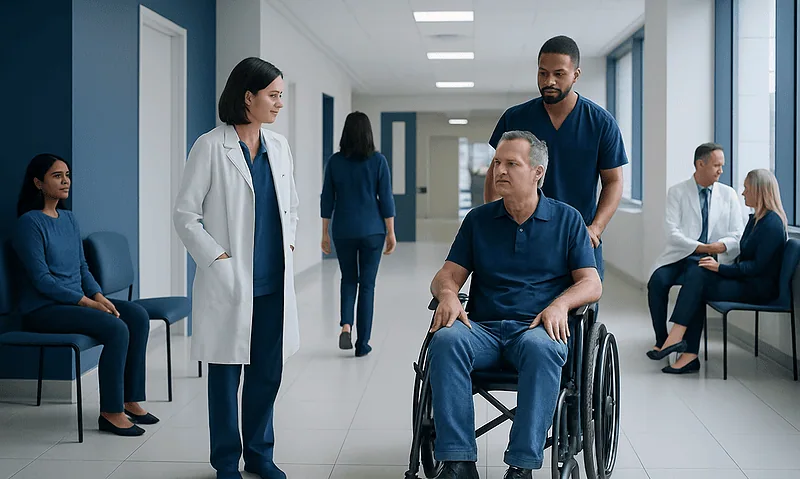 Medical team consulting with a patient in a hospital corridor.