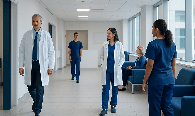 Medical team walking in hospital corridor with patients and staff.