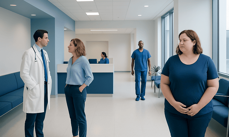 Patient waiting in hospital corridor with medical staff and visitors.