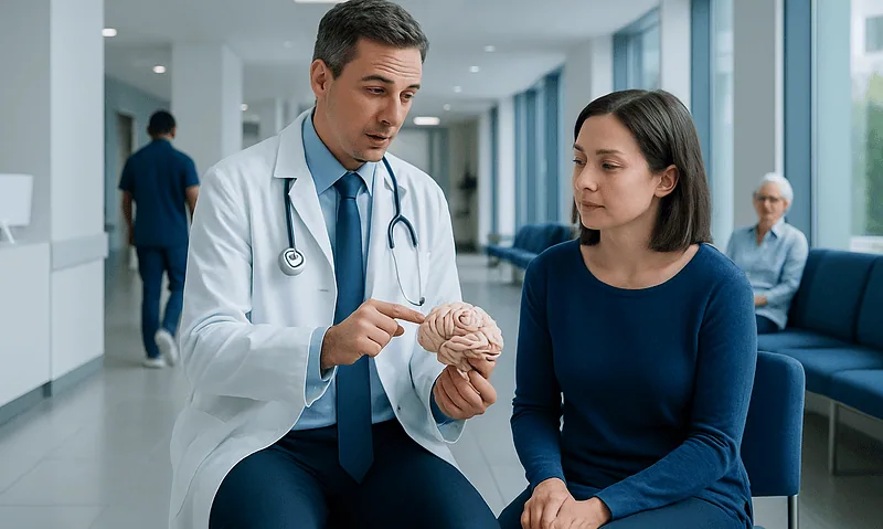 Prefrontal Cortex: What It Controls and Why It Matters 1 Doctor explaining brain anatomy to a patient in a hospital corridor.