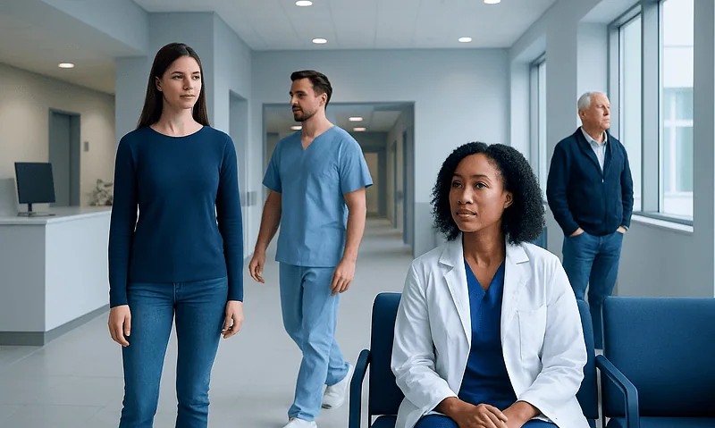 Patients and healthcare professionals in a hospital corridor.