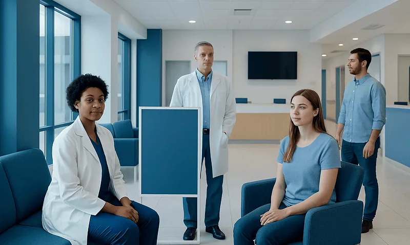 Medical consultation in a modern hospital with doctors and patients.