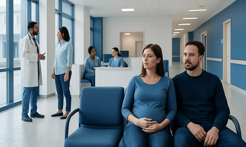 Patients waiting in a modern hospital corridor with medical staff nearby.