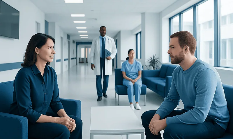 What Is Therapy? Definition, Types, and How It Works 15 Therapist and patient in a counseling session at a hospital.