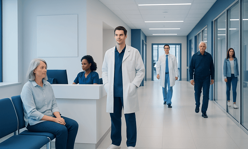 Medical team and patient in hospital corridor at Acibadem Hospitals Group.