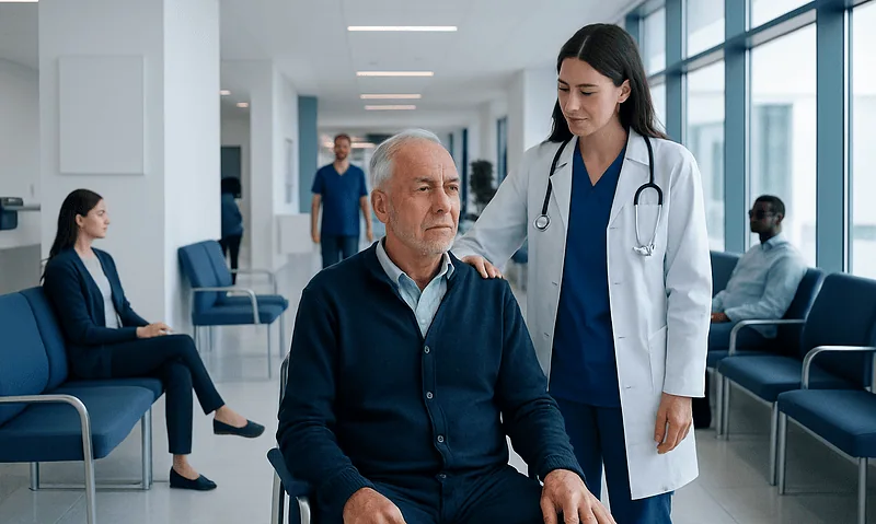 Doctor consulting elderly patient in hospital corridor.