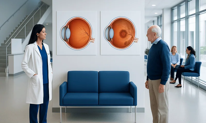 Ophthalmologist explaining macular degeneration to patient in clinic.