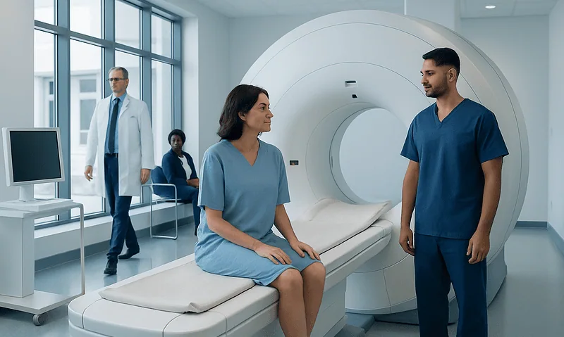 Whole-Body MRI: When It Is Used and What It Can Show 6 Patient and medical staff in MRI scan room at Acibadem Hospital.