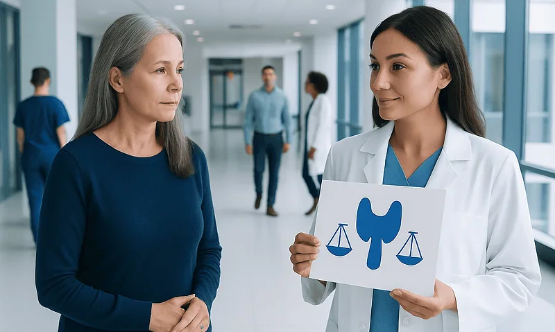 Doctor explaining hormone health to a patient in a hospital corridor.