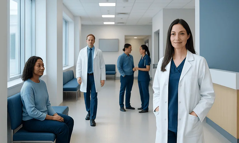 Medical professionals and patient in a hospital corridor.