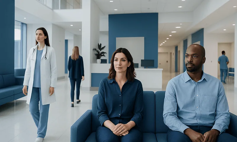 Diverse patients waiting in a modern hospital lobby with medical staff nearby.