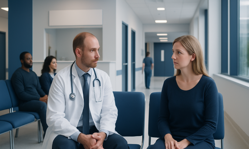 Doctor consulting with a patient in a hospital corridor.