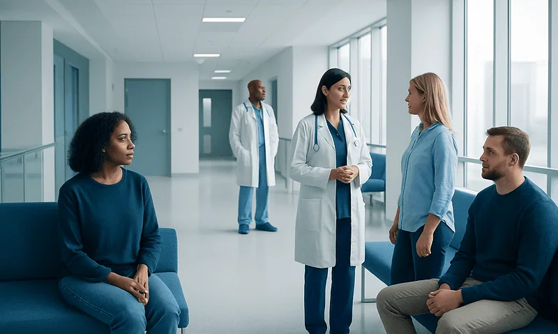 Medical professionals consulting with patients in a hospital corridor.
