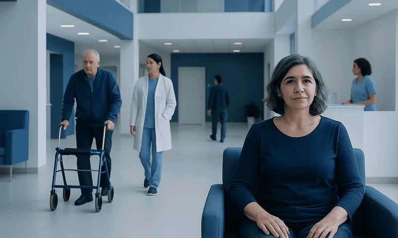 Patient waiting in hospital lobby with medical staff in background.