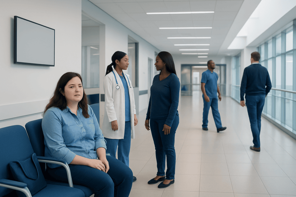 Living With Lupus: Managing Fatigue, Flares, and Daily Life 1 Medical staff and patient in hospital corridor at Acibadem Hospitals Group.