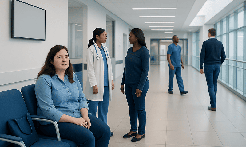 Medical staff and patient in hospital corridor at Acibadem Hospitals Group.