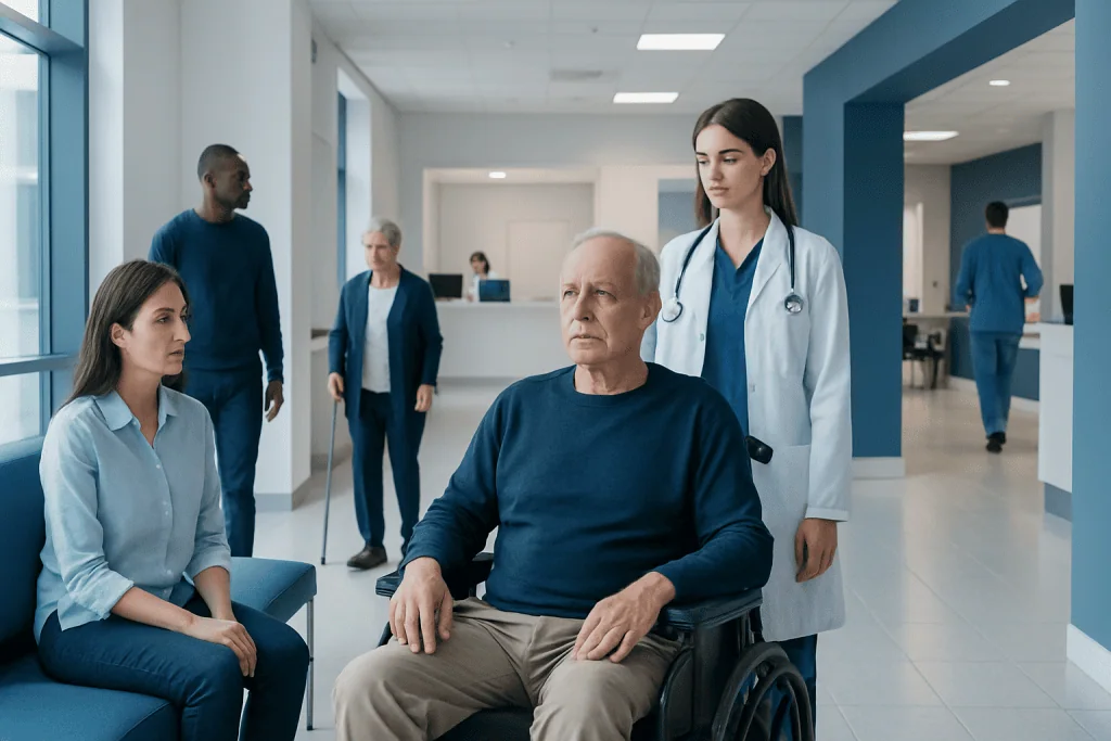 Living With Neuromuscular Disease: Daily Challenges, Support, and Self-Care 1 Patient in wheelchair with medical staff in hospital corridor.