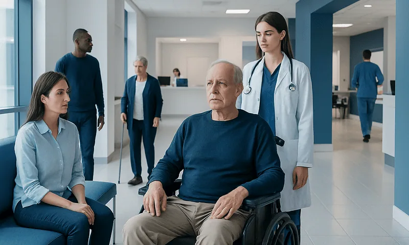 Patient in wheelchair with medical staff in hospital corridor.