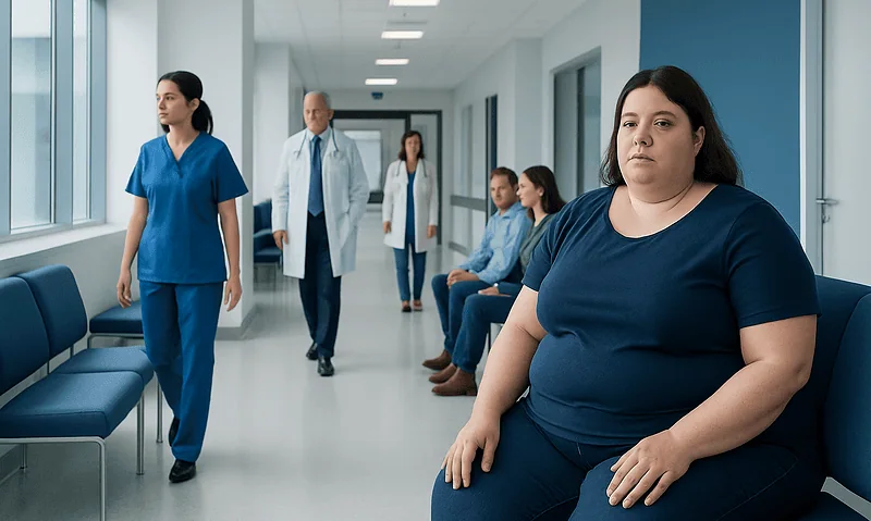 Obese woman waiting in a hospital corridor with medical staff and patients.