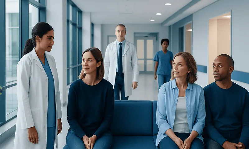 Medical consultation with diverse healthcare professionals and patients in a hospital corridor.