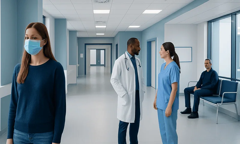 Healthcare professionals and patient in hospital corridor with masks and stethoscope.