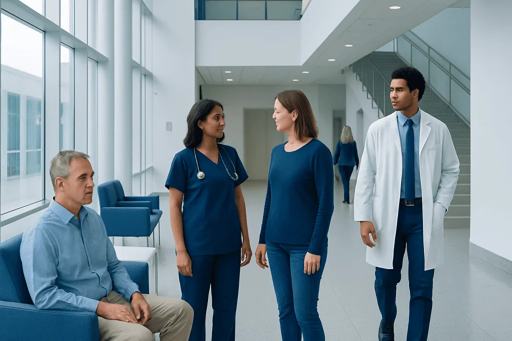 How Cancer Spreads: Local Growth, Lymph Nodes, and Metastasis Explained 1 Medical team consulting with patient in hospital lobby.