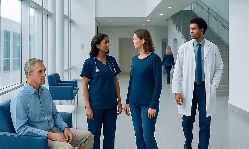 Medical team consulting with patient in hospital lobby.
