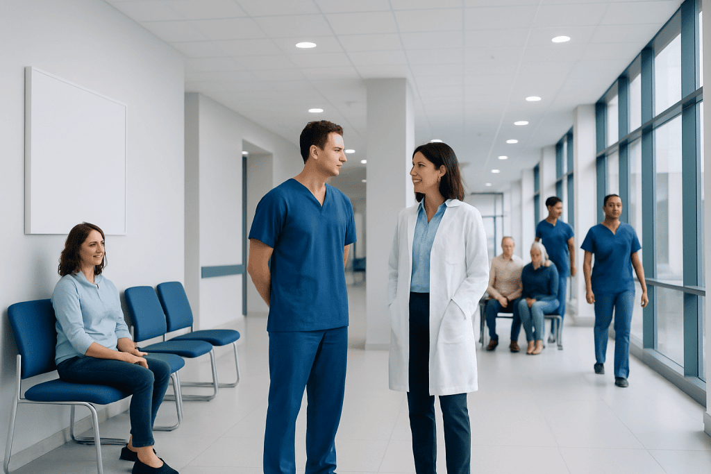 IUI vs IVF: How Fertility Specialists Choose the Right First Treatment 1 Healthcare professionals and patients in a hospital corridor.
