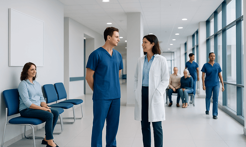 Healthcare professionals and patients in a hospital corridor.