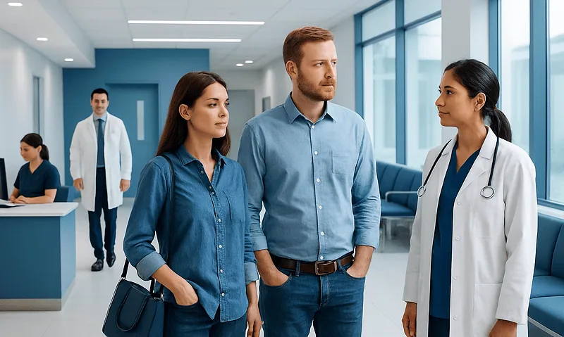 Patients consulting with a doctor in a modern hospital corridor.