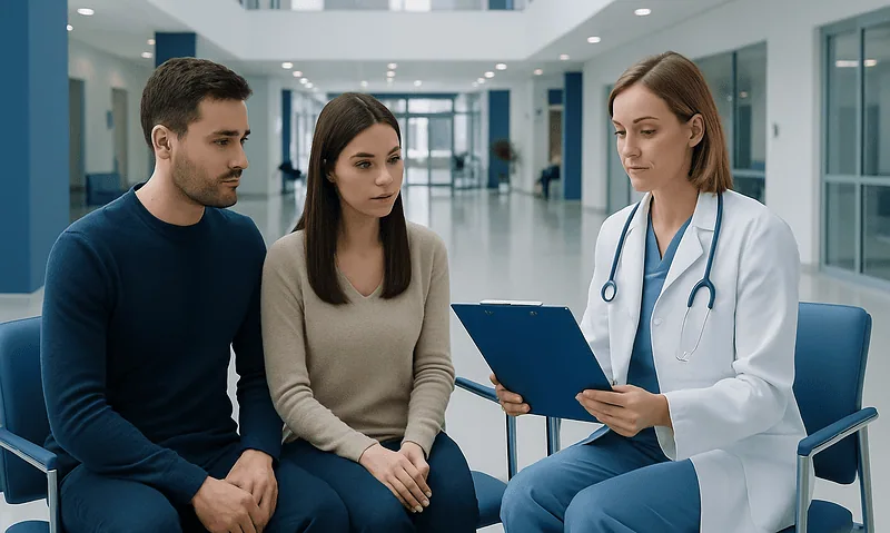 Doctor consulting with a couple in a modern hospital lobby.