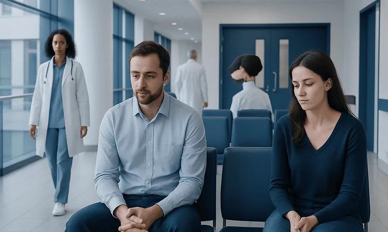 Patients waiting in a modern hospital corridor for fertility consultation.