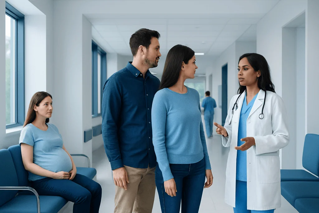 How IVF Works: Step-by-Step Treatment Guide 1 Pregnant woman consulting with doctor in hospital corridor.