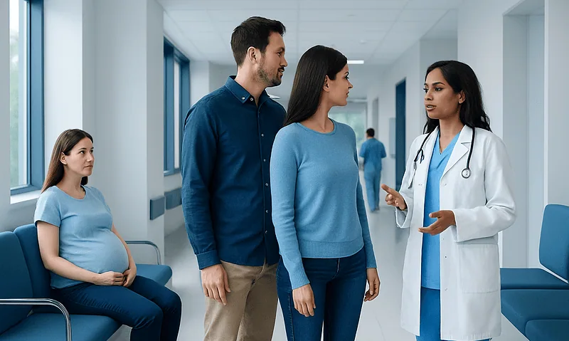 Pregnant woman consulting with doctor in hospital corridor.