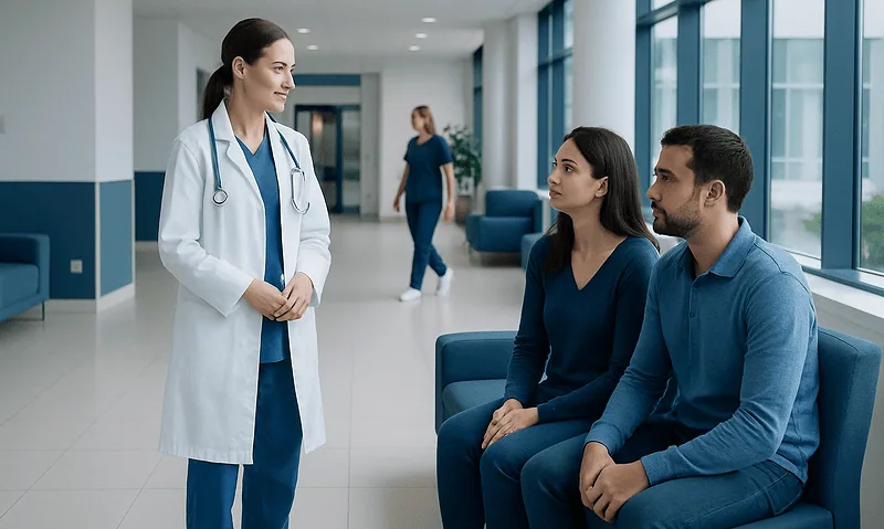 Fertility specialist consulting a couple in a modern hospital corridor.