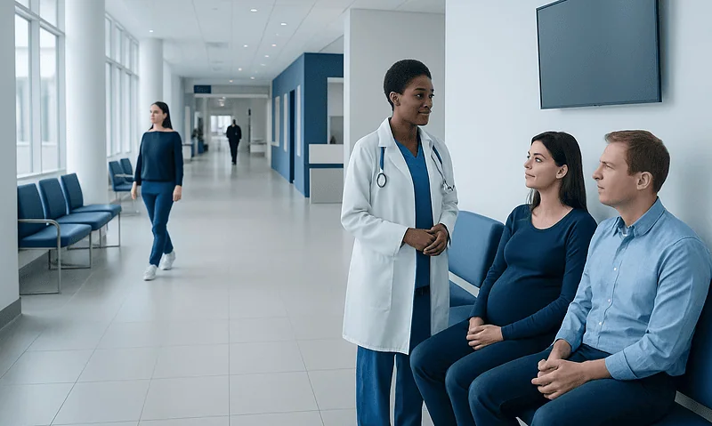 Medical consultation in a modern hospital corridor with doctor and patients.