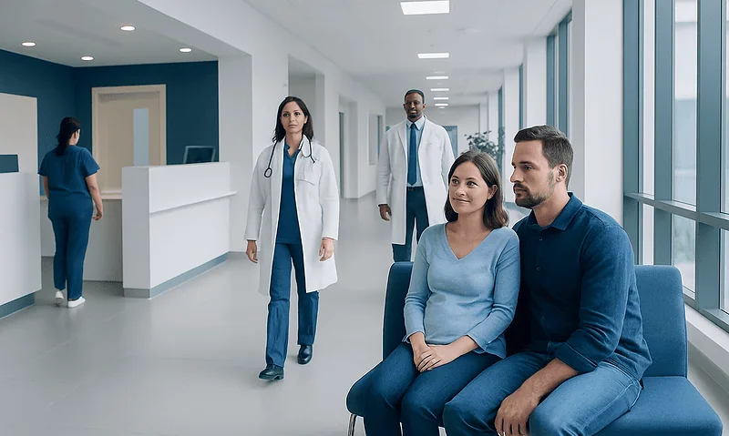 Patients waiting in a modern hospital corridor with medical staff nearby.