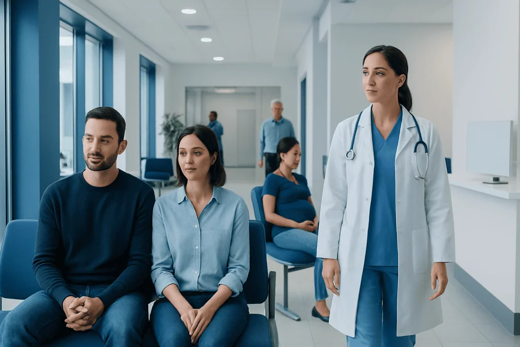 IVF Treatment Cost: What Is Included and Why Prices Can Vary 1 Patients waiting in a modern hospital corridor with a doctor nearby.