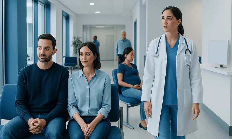 Patients waiting in a modern hospital corridor with a doctor nearby.