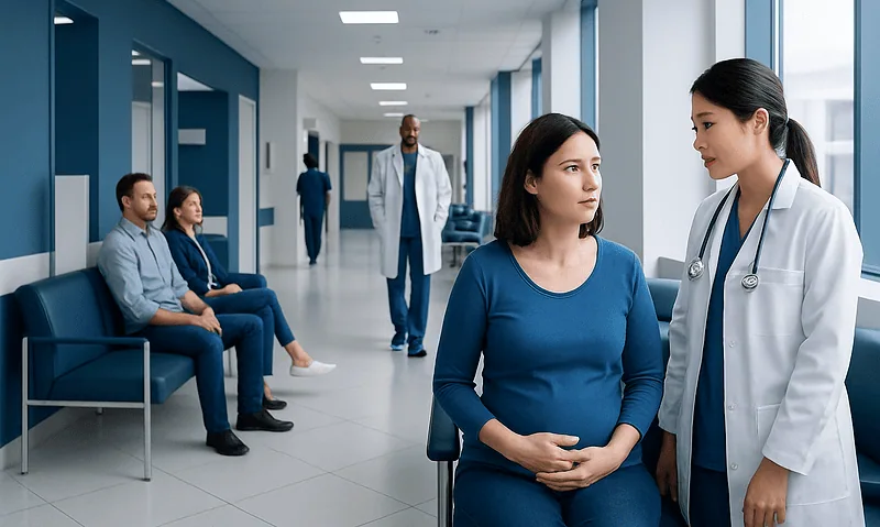 Patient consulting with doctor in hospital corridor.