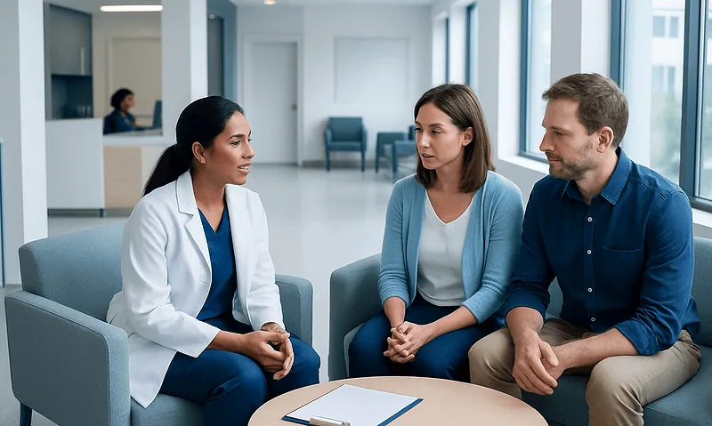 Fertility specialist consulting with a couple in a medical clinic.
