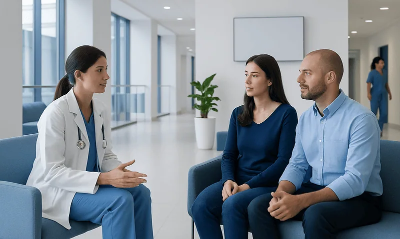 Doctor consulting with a couple in a modern hospital lobby.