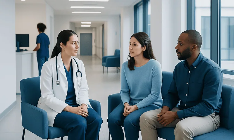 Doctor consulting with couple in a modern hospital waiting area.