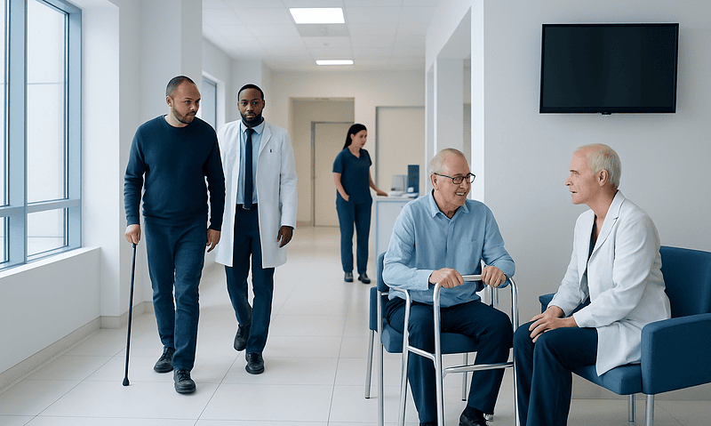 Joint Replacement Surgery Cost: What Affects the Total Price? 9 Patients and doctors in a hospital corridor, discussing joint replacement options.